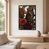 Great Horned Owl with Dahlias and Crescent Moon Colorful Metal Wall Art