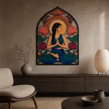 Yoga Woman with Lotus Flowers at Sunrise Colorful Metal Wall Art