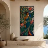 Afro Woman with Peacock Feathers and Tropical Flowers Colorful Metal Wall Art
