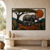 Elephant Mother and Calf on Savanna Colorful Metal Wall Art