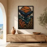 Humpback Whale Tail with Coral and Copper Sunset Colorful Metal Wall Art