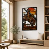 Rodeo Cowboy Riding Bucking Horse at Sunset Colorful Metal Wall Art