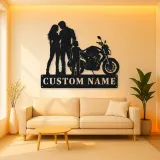 Personalized Motorcycle Family with Helmet Carrying Child Metal Wall Art