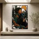 Black Woman with Bear in Mountain Forest Colorful Metal Wall Art