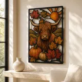 Highland Cow with Pumpkins and Autumn Leaves Colorful Metal Wall Art