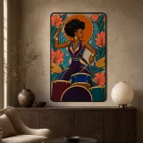 Black Woman Drummer with Tropical Flowers and Sun Colorful Metal Wall Art