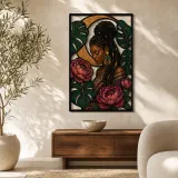 Insegna in metallo colorata con donna afro intrecciata, peonie e foglie di monstera