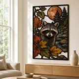 Raccoon in Autumn Forest under Copper Moon Colorful Metal Wall Art