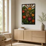 Spring Rabbit among Colorful Tulips at Sunrise Metal Wall Art