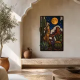 Coyote Howling beneath Full Moon in Desert Colorful Metal Wall Art