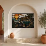 Vintage Roadster on Tropical Coastal Road Colorful Metal Wall Art