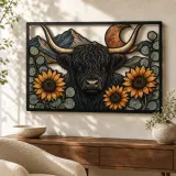Mucca Highland Nera con Girasoli e Luna di Rame Insegna in Metallo Colorata
