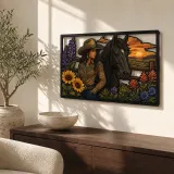 Bunte Cowgirl mit Schwarzem Pferd und Bergwildblumen