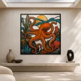 Orange Octopus with Coral beneath Copper Moon Colorful Metal Wall Art