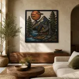 Bergsee-Hütte unter Vollmond Farbige Metall-Wandkunst