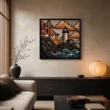 Lighthouse beneath Cross over Ocean Waves Colorful Metal Wall Art