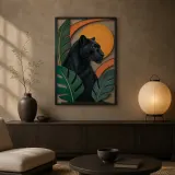 Black Panther with Tropical Leaves and Golden Sun Colorful Metal Wall Art