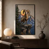 Bighorn Ram on Mountain Cliff at Sunset Colorful Metal Wall Art