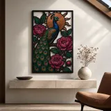 Peacock with Pink Peonies and Copper Sun Colorful Metal Wall Art