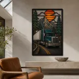 Green Semi Truck on Mountain Highway Colorful Metal Wall Art