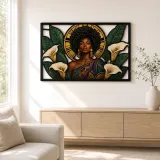 Afro Woman with Calla Lilies and Art Deco Sun Colorful Metal Wall Decor