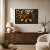 Henne und Küken mit Sonnenblumen am Bauernhof - Buntes Metallschild
