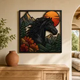 Black Horse with Mountains and Copper Sunset Colorful Metal Wall Art