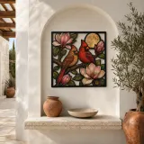 Cardinal Pair among Magnolia Blossoms and Full Moon Colorful Metal Wall Art