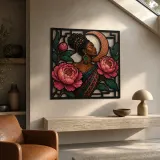 Afro Woman with Pink Peonies and Copper Moon Colorful Metal Wall Art