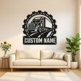 Personalized Semi Truck Metal Wall Art with Gear Frame