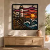 Coastal Lighthouse with Waves at Colorful Sunset Metal Wall Art