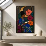 Black Woman Reading among Hibiscus and Moon Colorful Metal Wall Art