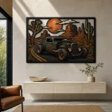 Vintage Hot Rod on Desert Canyon Road Colorful Metal Wall Art