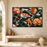 Colorful Koi Pond with Lotus Flowers and Moon Metal Wall Art