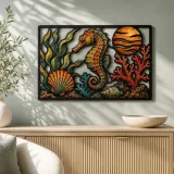 Seahorse with Shells Coral and Ocean Sunset Colorful Metal Wall Art