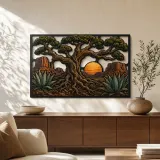Árbol de la vida de roble del desierto con atardecer de agave - Arte mural de metal colorido