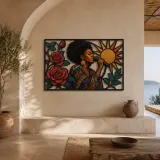 Afro Soul Singer with Roses and Radiant Sun Colorful Metal Wall Art