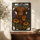 Hochlandrind und Kalb mit lila Wildblumen - Buntes Metallschild