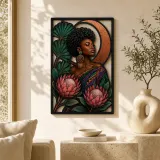 Colorful Afro Woman Metal Wall Art with Protea Flowers and Crescent Moon