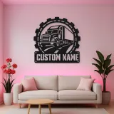 Personalized Semi Truck Metal Wall Art with Gear Frame