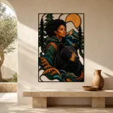 Black Woman with Bear in Mountain Forest Colorful Metal Wall Art