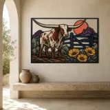 Texas Longhorn with Desert Poppies and Red Sun Colorful Metal Wall Art