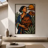 Southwestern Woman Holding Decorative Pottery Colorful Metal Wall Art