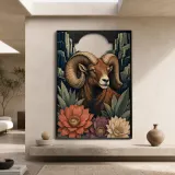 Bighorn Ram with Succulents and Mountain Cliffs Colorful Metal Wall Art