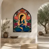 Yoga Woman with Lotus Flowers at Sunrise Colorful Metal Wall Art