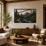 Fliegenfischer am Bergfluss - Bunte Metall-Wandkunst