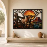 Texas Longhorn by Desert Ranch at Sunset Colorful Metal Wall Art