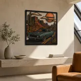 Classic Mustang Car on Desert Highway Colorful Metal Wall Art