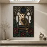 Barn Owl on Books in Gothic Window Colorful Metal Wall Art