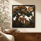 Lebensbaum mit Rehfamilie und Vollmond - Bunte Metall-Wandkunst